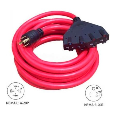 Conntek Conntek 20501, 25', 20A Generator Locking Extension Cord with NEMA L14-20P to 15/20R*4, Red 20501
